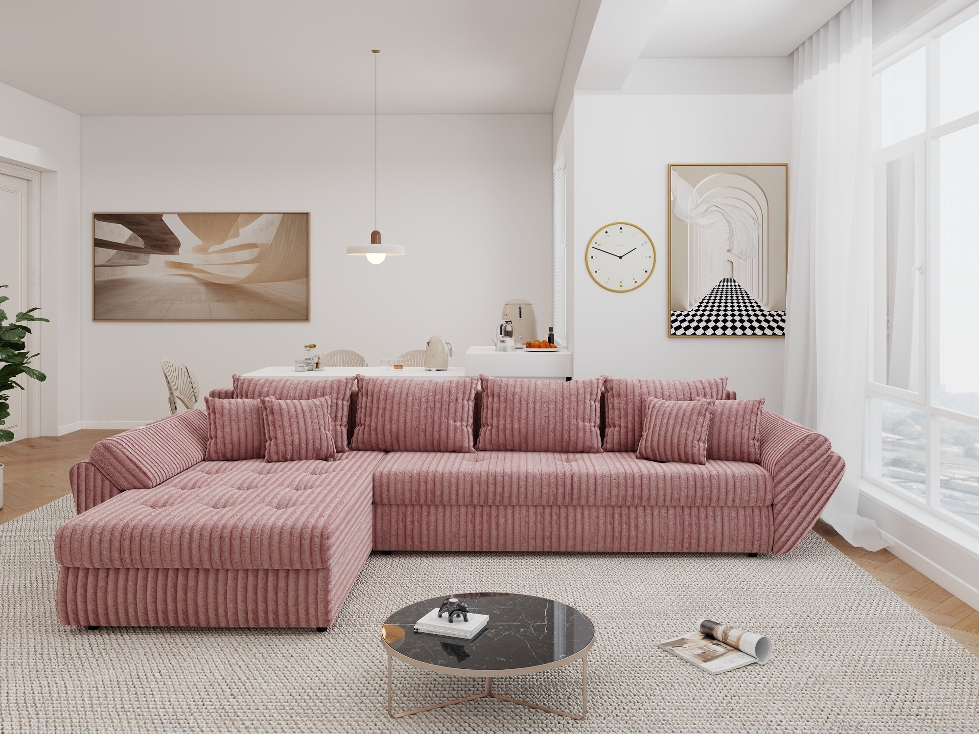 Colțar extensibil dumonde cu ladă de depozitare si sezut confortabil din spuma high-density, Loana XL Tilia Roz Pudrat 335x185 cm