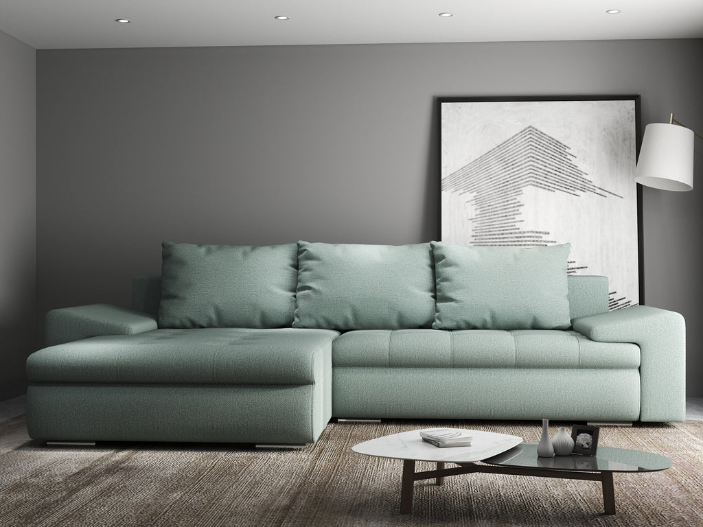 Colțar extensibil dumonde cu ladă de depozitare si sezut confortabil din spuma high-density, Leonardo Enjoy Mint 260x185 cm