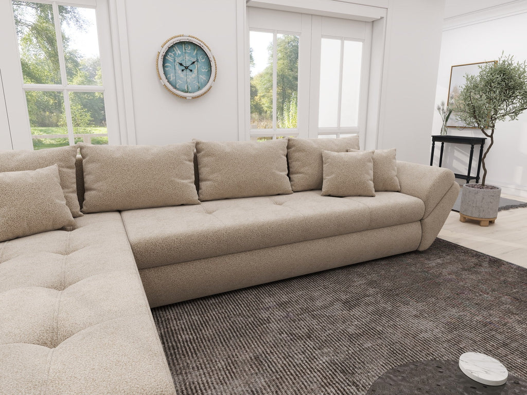 Colțar extensibil dumonde cu ladă de depozitare si sezut confortabil din spuma high-density, Loana XL Quelle Bej 05 335x185 cm