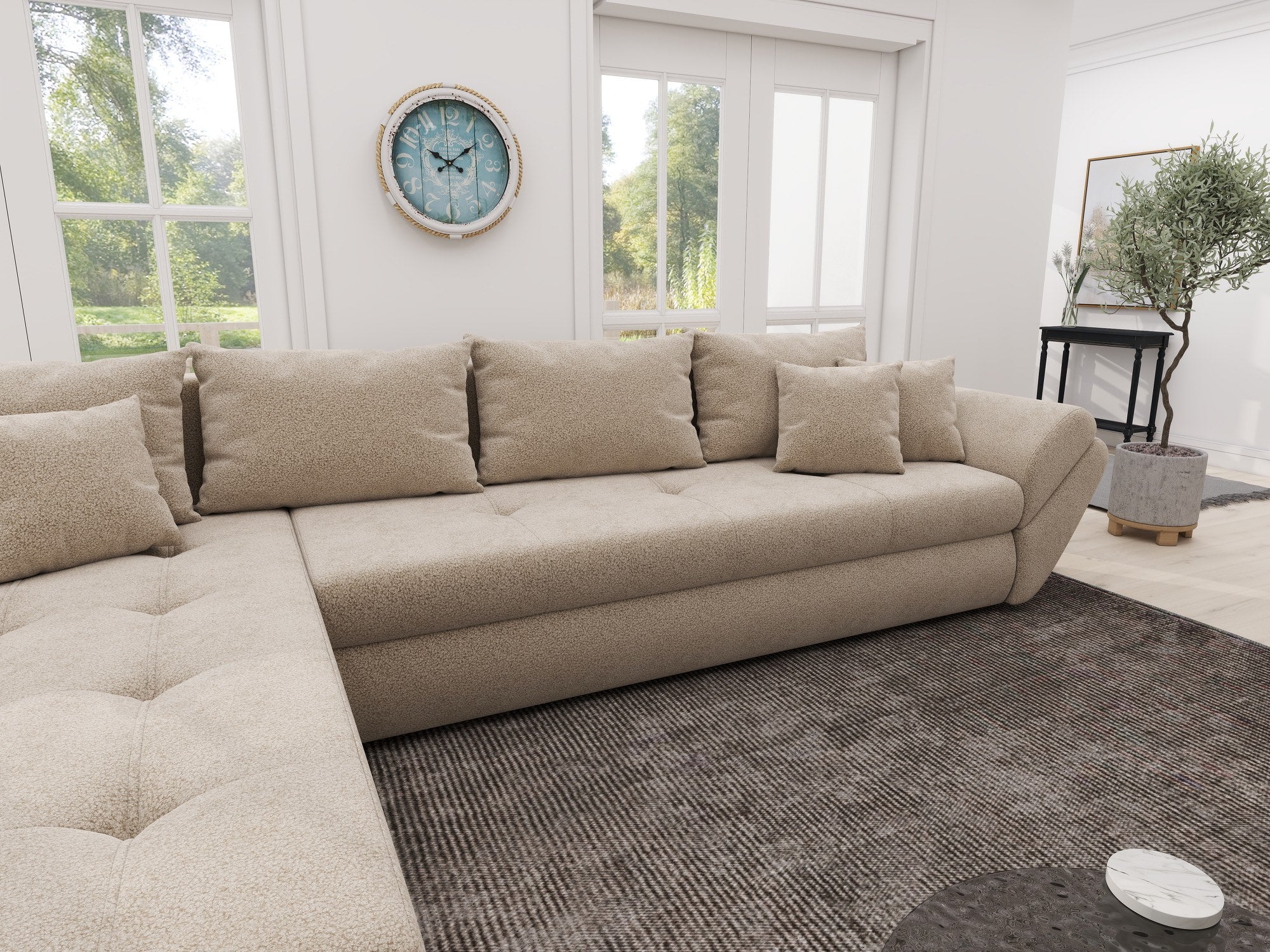 Colțar extensibil dumonde cu ladă de depozitare si sezut confortabil din spuma high-density, Loana XL Quelle Bej 05 335x185 cm
