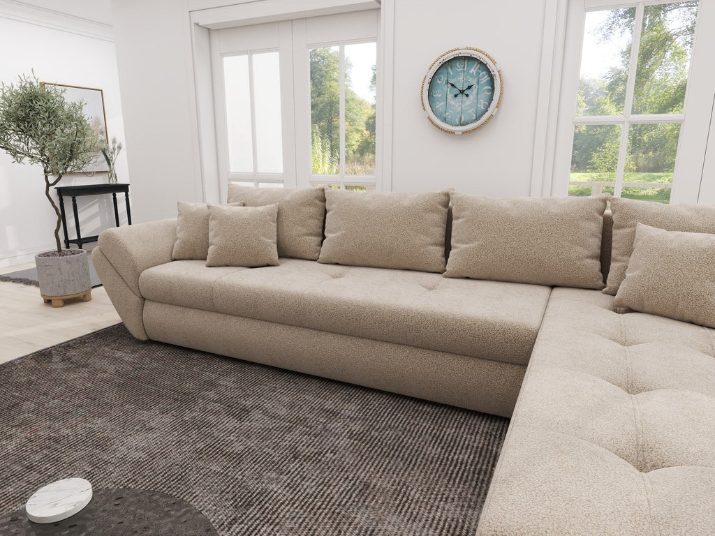 Colțar extensibil dumonde cu ladă de depozitare si sezut confortabil din spuma high-density, Loana XL Quelle Bej 05 II 335x185 cm