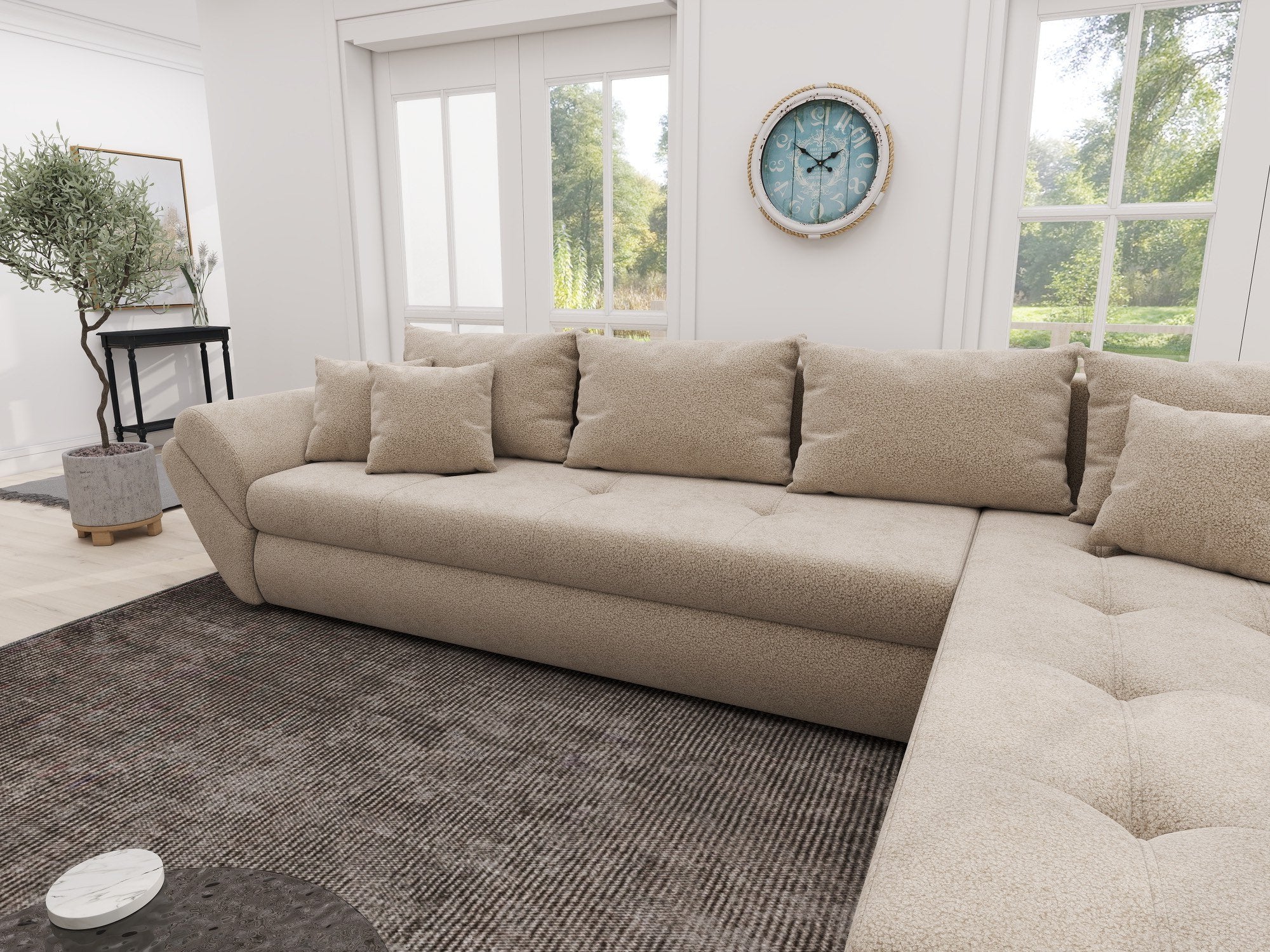 Colțar extensibil dumonde cu ladă de depozitare si sezut confortabil din spuma high-density, Loana XL Quelle Bej 05 II 335x185 cm