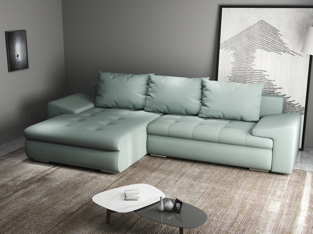Colțar extensibil dumonde cu ladă de depozitare si sezut confortabil din spuma high-density, Leonardo Enjoy Mint 260x185 cm