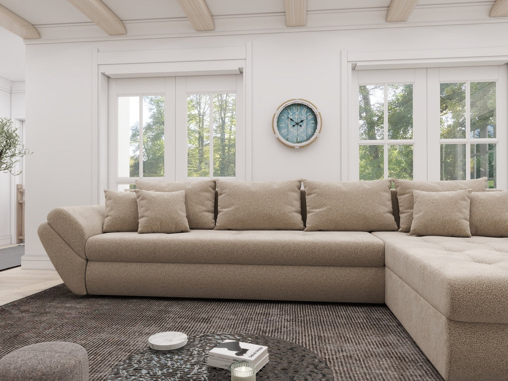 Colțar extensibil dumonde cu ladă de depozitare si sezut confortabil din spuma high-density, Loana XL Quelle Bej 05 II 335x185 cm