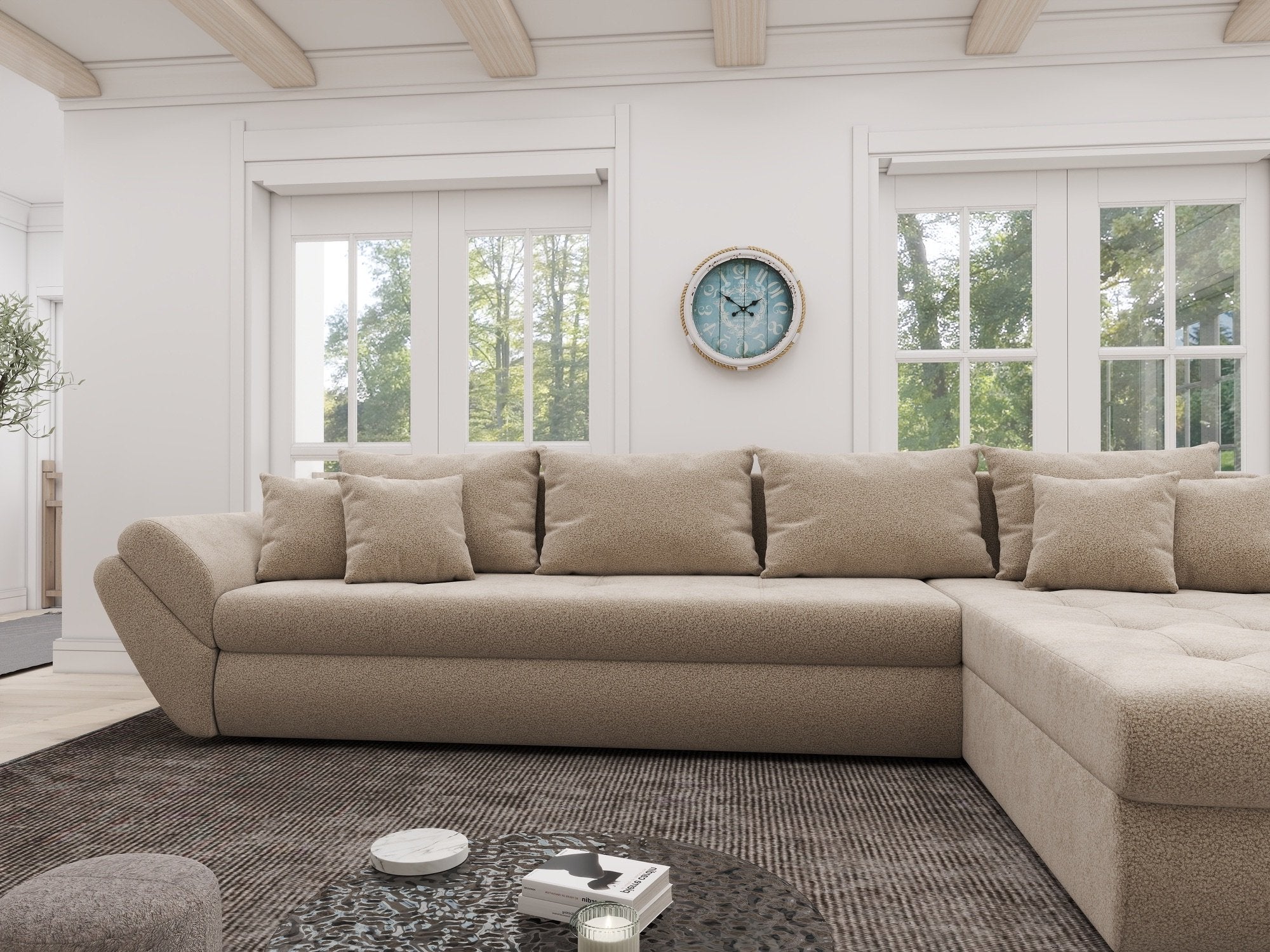 Colțar extensibil dumonde cu ladă de depozitare si sezut confortabil din spuma high-density, Loana XL Quelle Bej 05 II 335x185 cm