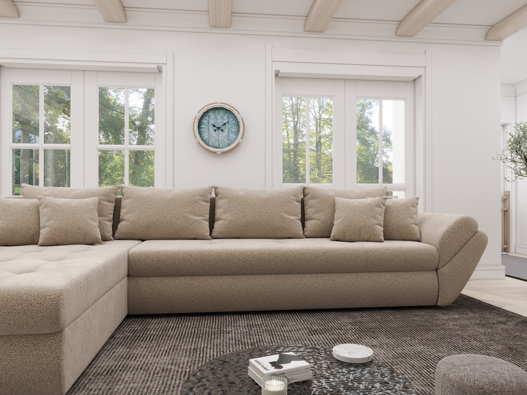 Colțar extensibil dumonde cu ladă de depozitare si sezut confortabil din spuma high-density, Loana XL Quelle Bej 05 335x185 cm