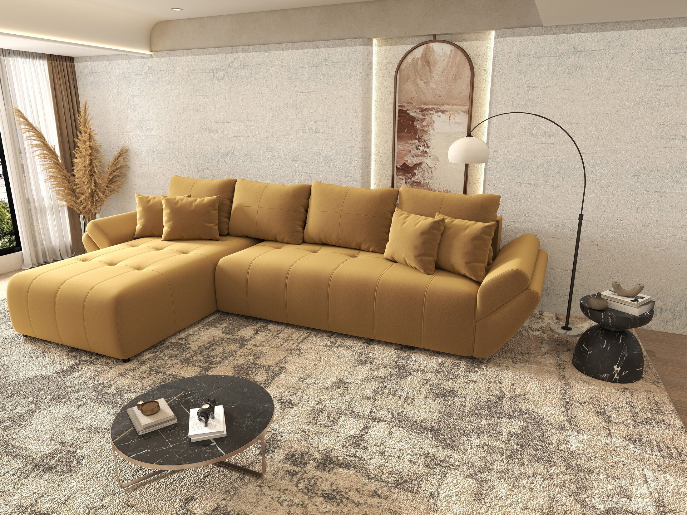 Colțar extensibil dumonde cu ladă de depozitare si sezut confortabil din spuma high-density, Berlin XL Royal Mustar 350x185 cm