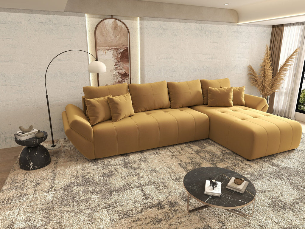 Colțar extensibil dumonde cu ladă de depozitare si sezut confortabil din spuma high-density, Berlin XL Royal Mustar 350x185 cm II