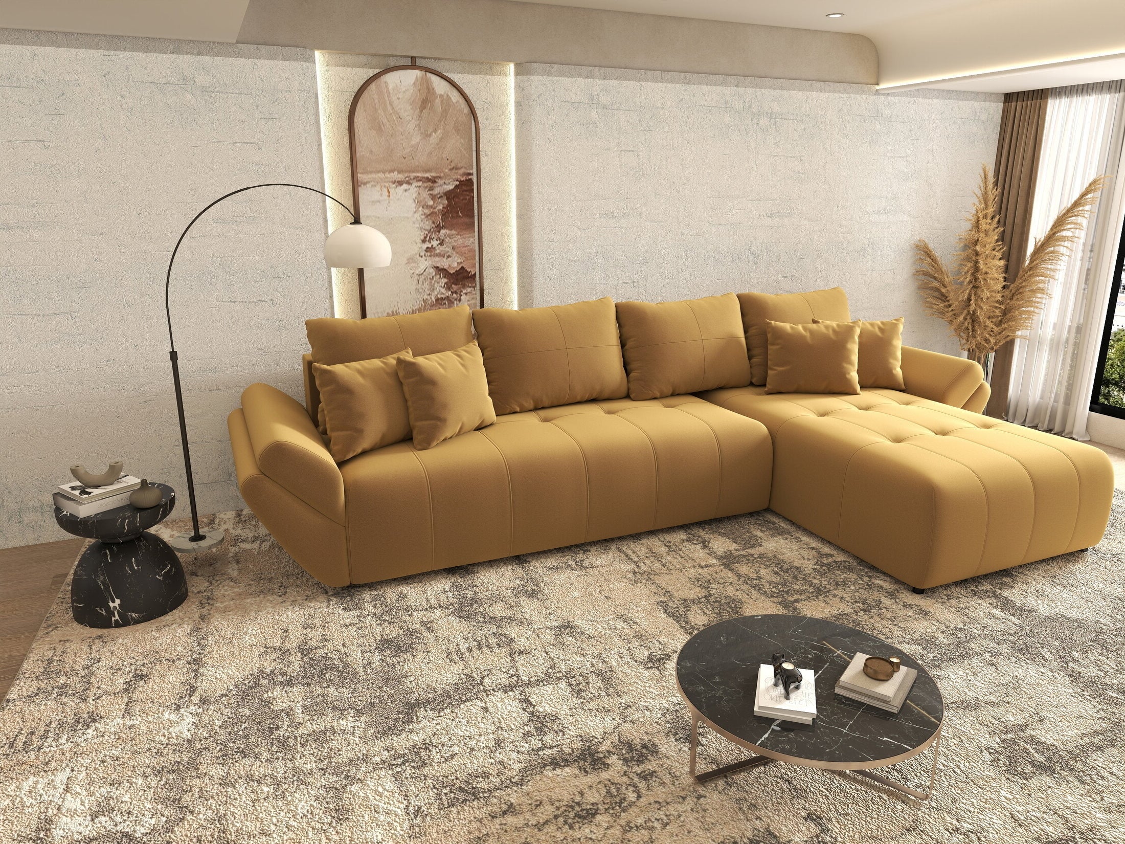 Colțar extensibil dumonde cu ladă de depozitare si sezut confortabil din spuma high-density, Berlin XL Royal Mustar 350x185 cm II