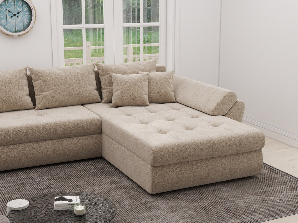 Colțar extensibil dumonde cu ladă de depozitare si sezut confortabil din spuma high-density, Loana XL Quelle Bej 05 II 335x185 cm