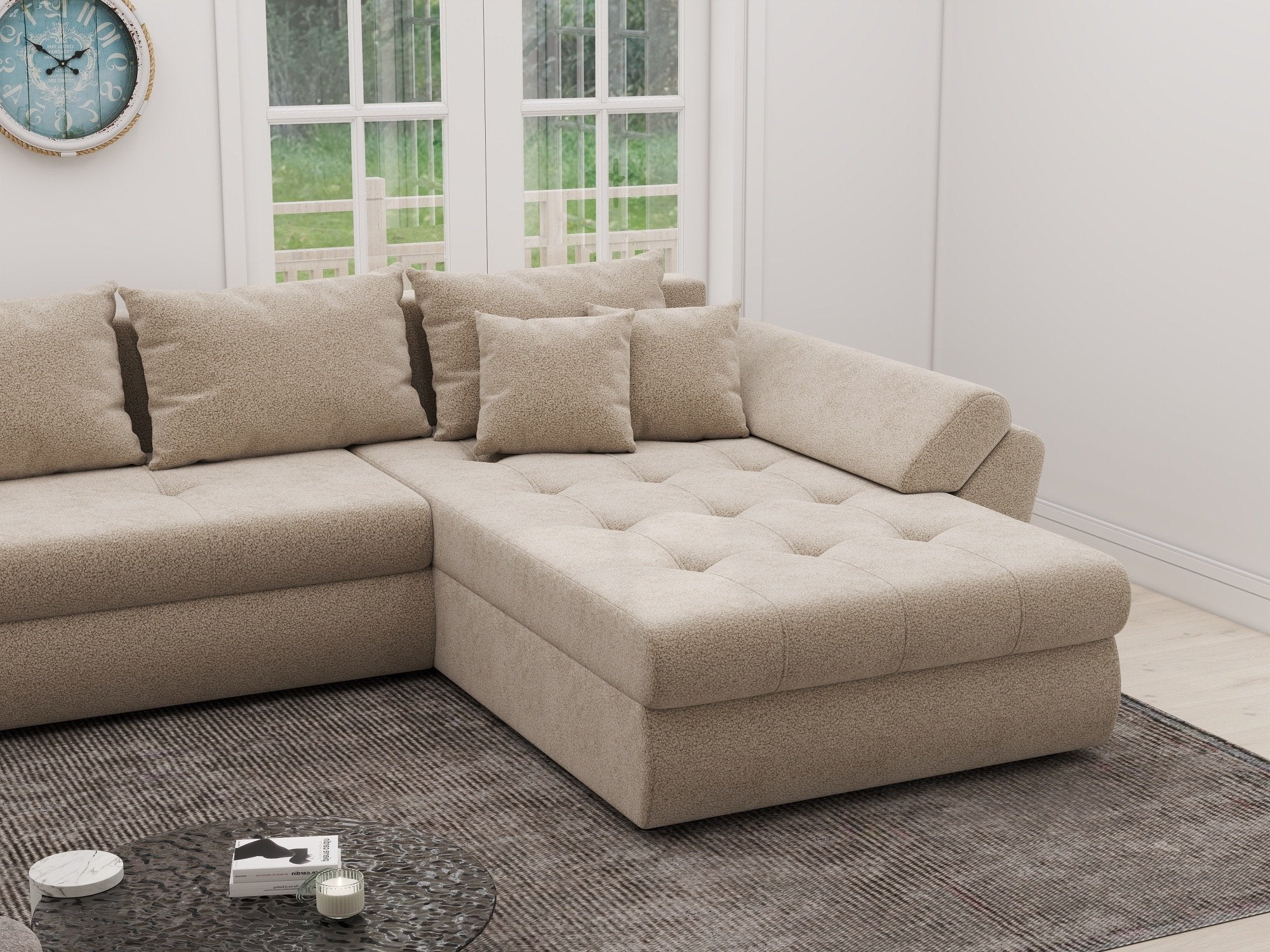 Colțar extensibil dumonde cu ladă de depozitare si sezut confortabil din spuma high-density, Loana XL Quelle Bej 05 II 335x185 cm