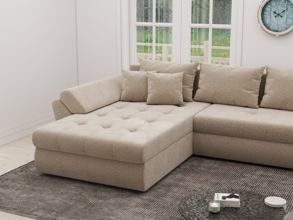 Colțar extensibil dumonde cu ladă de depozitare si sezut confortabil din spuma high-density, Loana XL Quelle Bej 05 335x185 cm