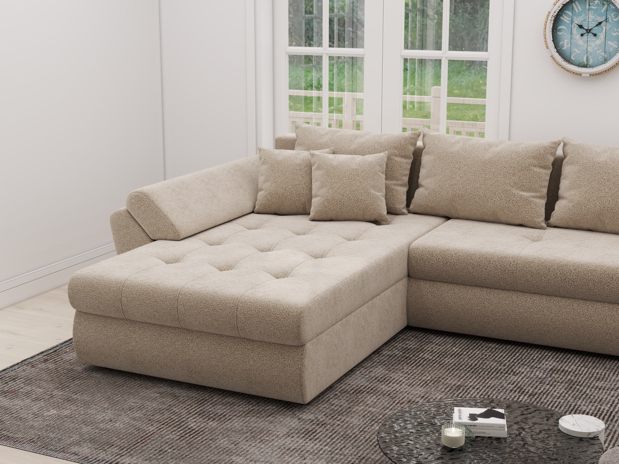 Colțar extensibil dumonde cu ladă de depozitare si sezut confortabil din spuma high-density, Loana XL Quelle Bej 05 335x185 cm