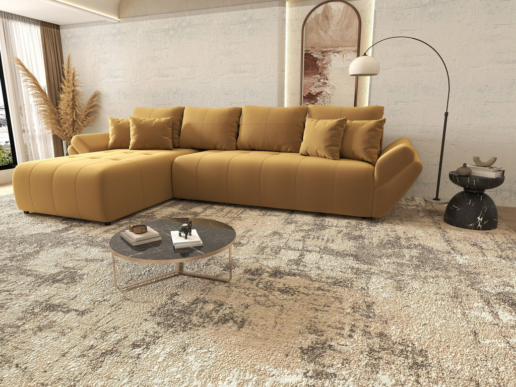 Colțar extensibil dumonde cu ladă de depozitare si sezut confortabil din spuma high-density, Berlin XL Royal Mustar 350x185 cm