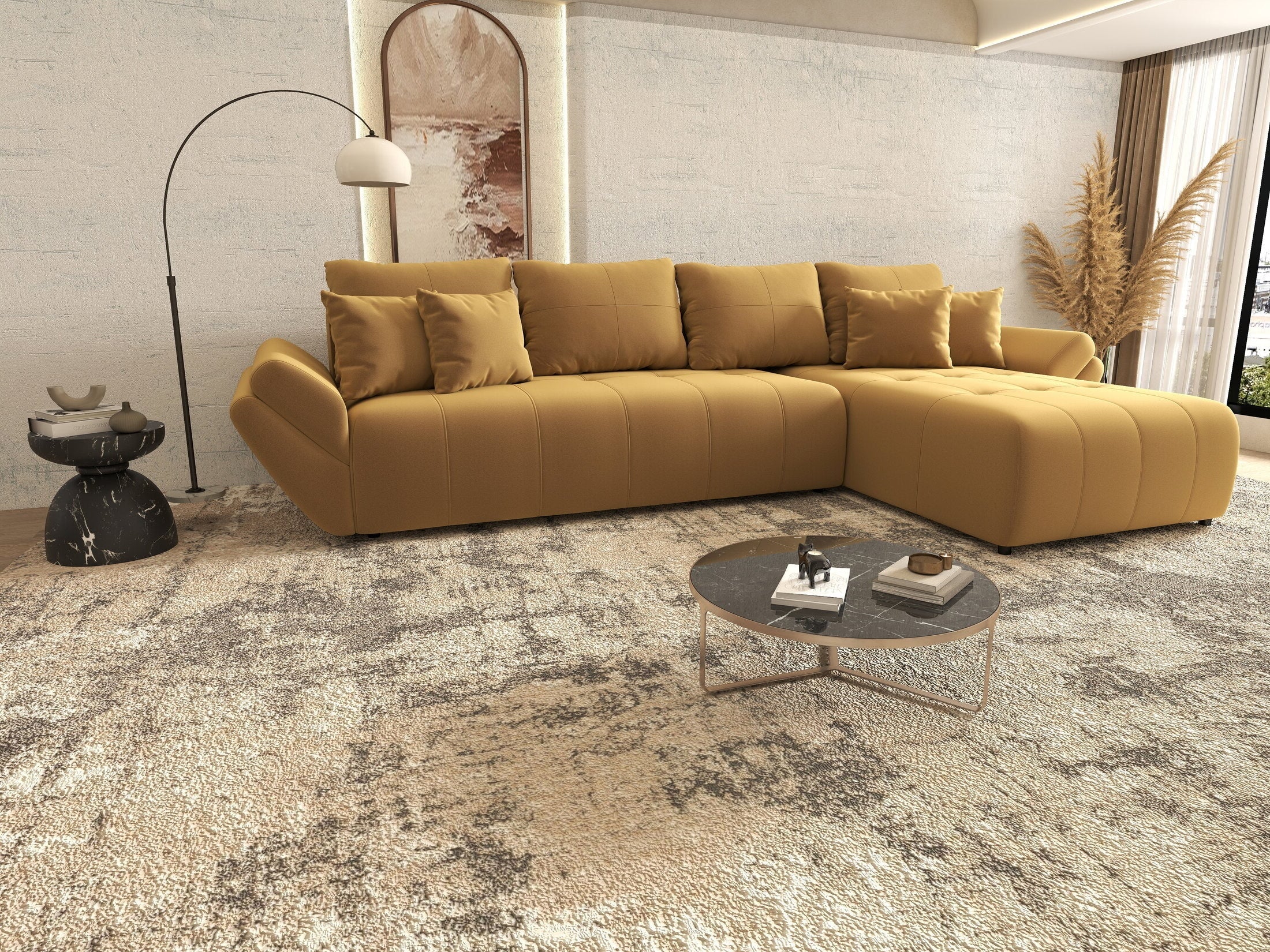 Colțar extensibil dumonde cu ladă de depozitare si sezut confortabil din spuma high-density, Berlin XL Royal Mustar 350x185 cm II