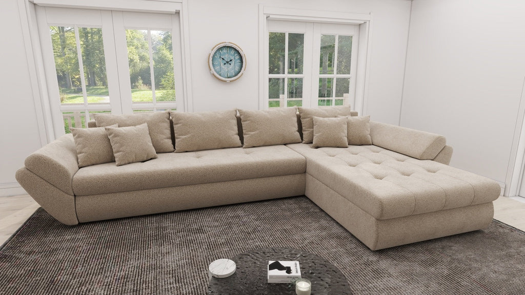 Colțar extensibil dumonde cu ladă de depozitare si sezut confortabil din spuma high-density, Loana XL Quelle Bej 05 II 335x185 cm