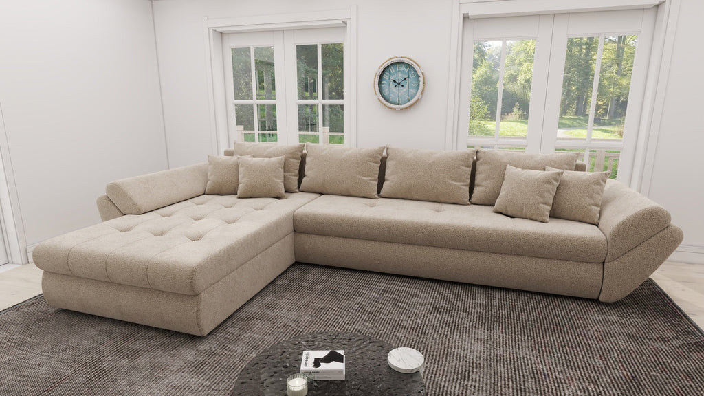 Colțar extensibil dumonde cu ladă de depozitare si sezut confortabil din spuma high-density, Loana XL Quelle Bej 05 335x185 cm