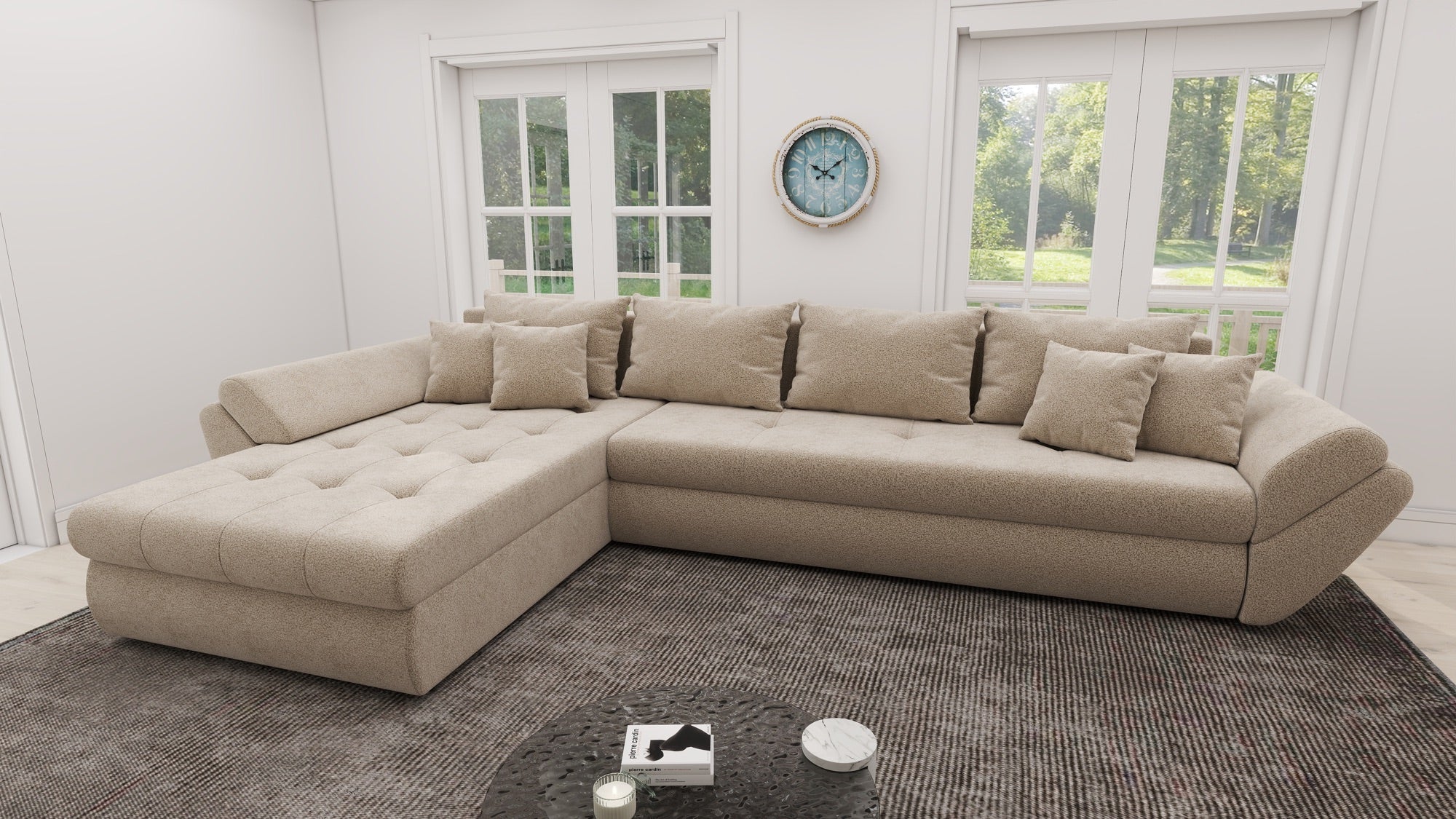 Colțar extensibil dumonde cu ladă de depozitare si sezut confortabil din spuma high-density, Loana XL Quelle Bej 05 335x185 cm