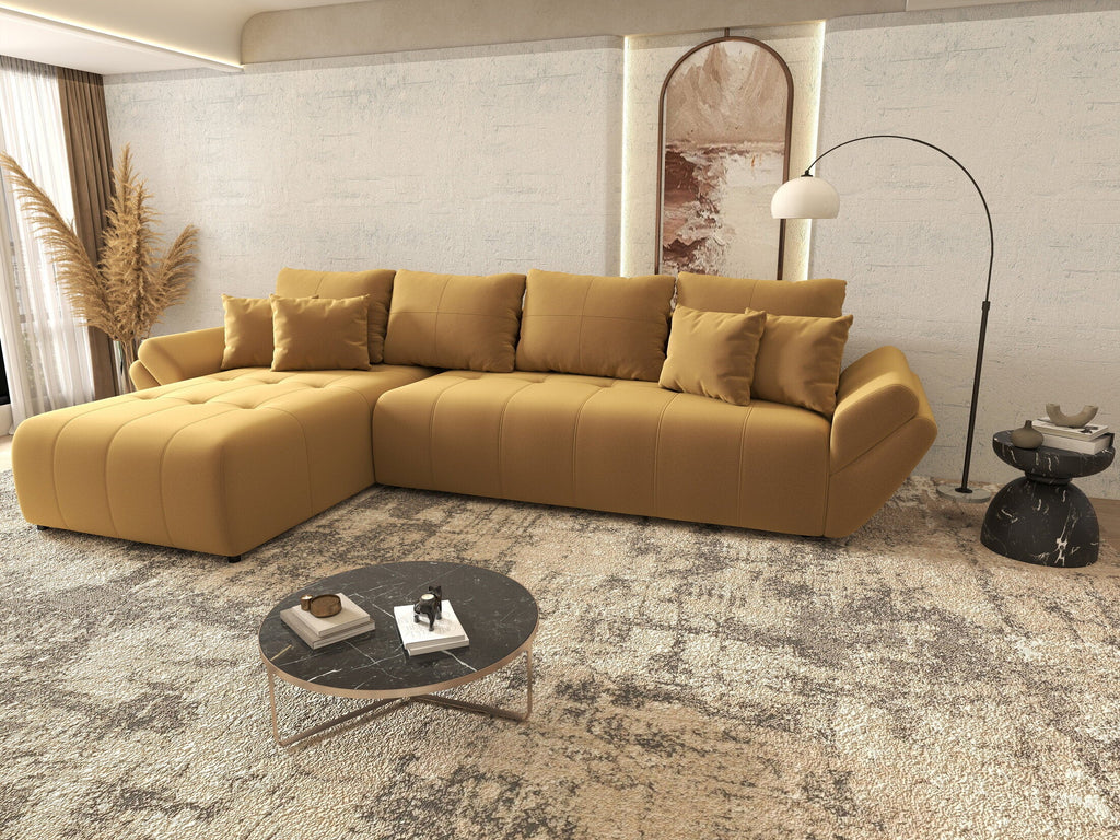Colțar extensibil dumonde cu ladă de depozitare si sezut confortabil din spuma high-density, Berlin XL Royal Mustar 350x185 cm
