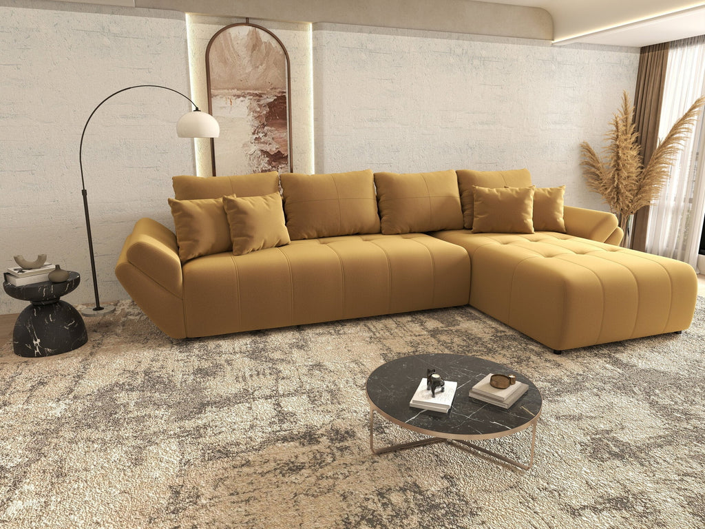 Colțar extensibil dumonde cu ladă de depozitare si sezut confortabil din spuma high-density, Berlin XL Royal Mustar 350x185 cm II