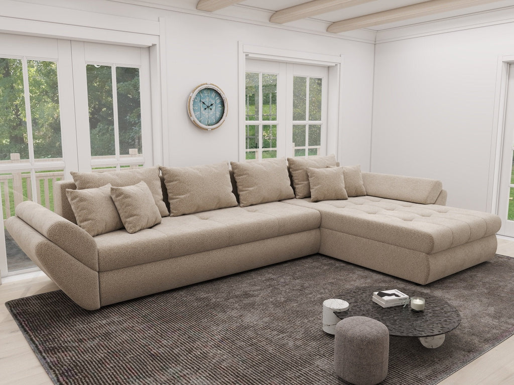 Colțar extensibil dumonde cu ladă de depozitare si sezut confortabil din spuma high-density, Loana XL Quelle Bej 05 II 335x185 cm