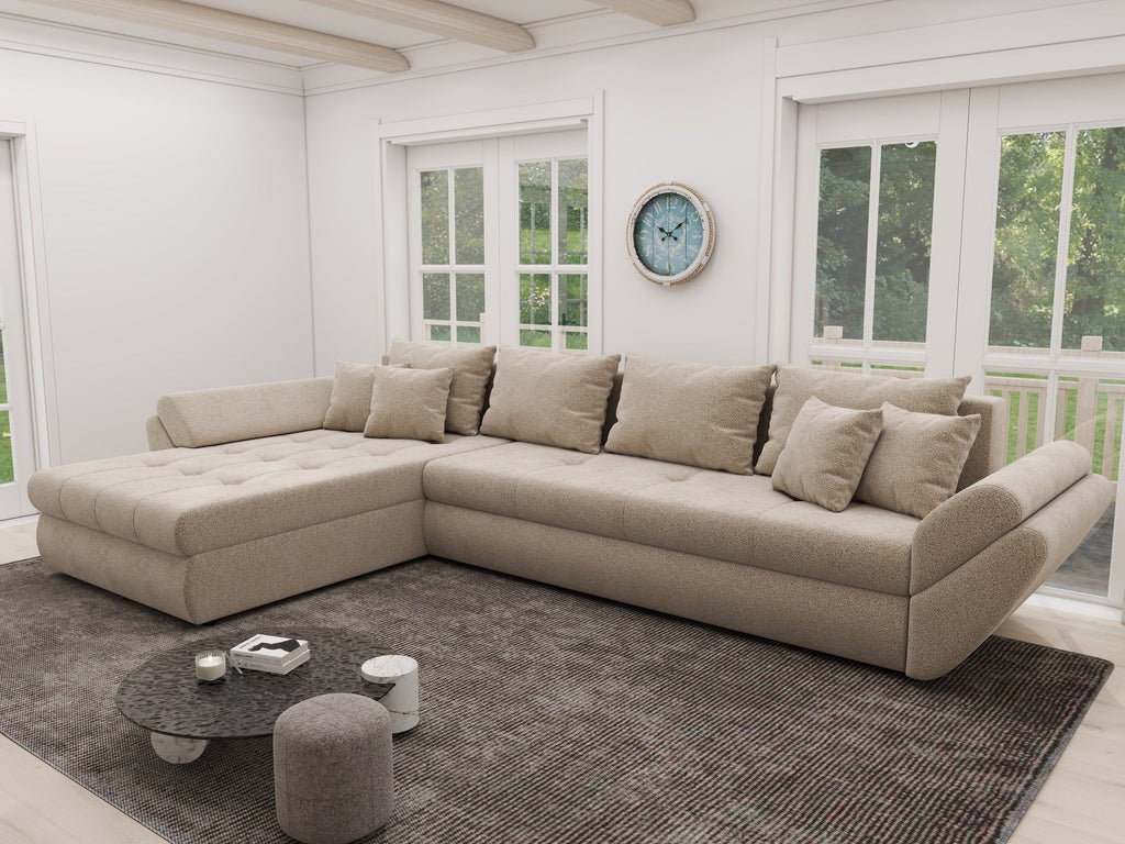Colțar extensibil dumonde cu ladă de depozitare si sezut confortabil din spuma high-density, Loana XL Quelle Bej 05 335x185 cm