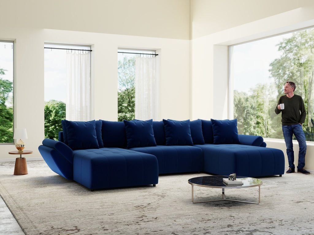 Colțar extensibil dumonde cu ladă de depozitare si sezut confortabil din spuma high-density, Berlin U Royal Blue 380x180 cm