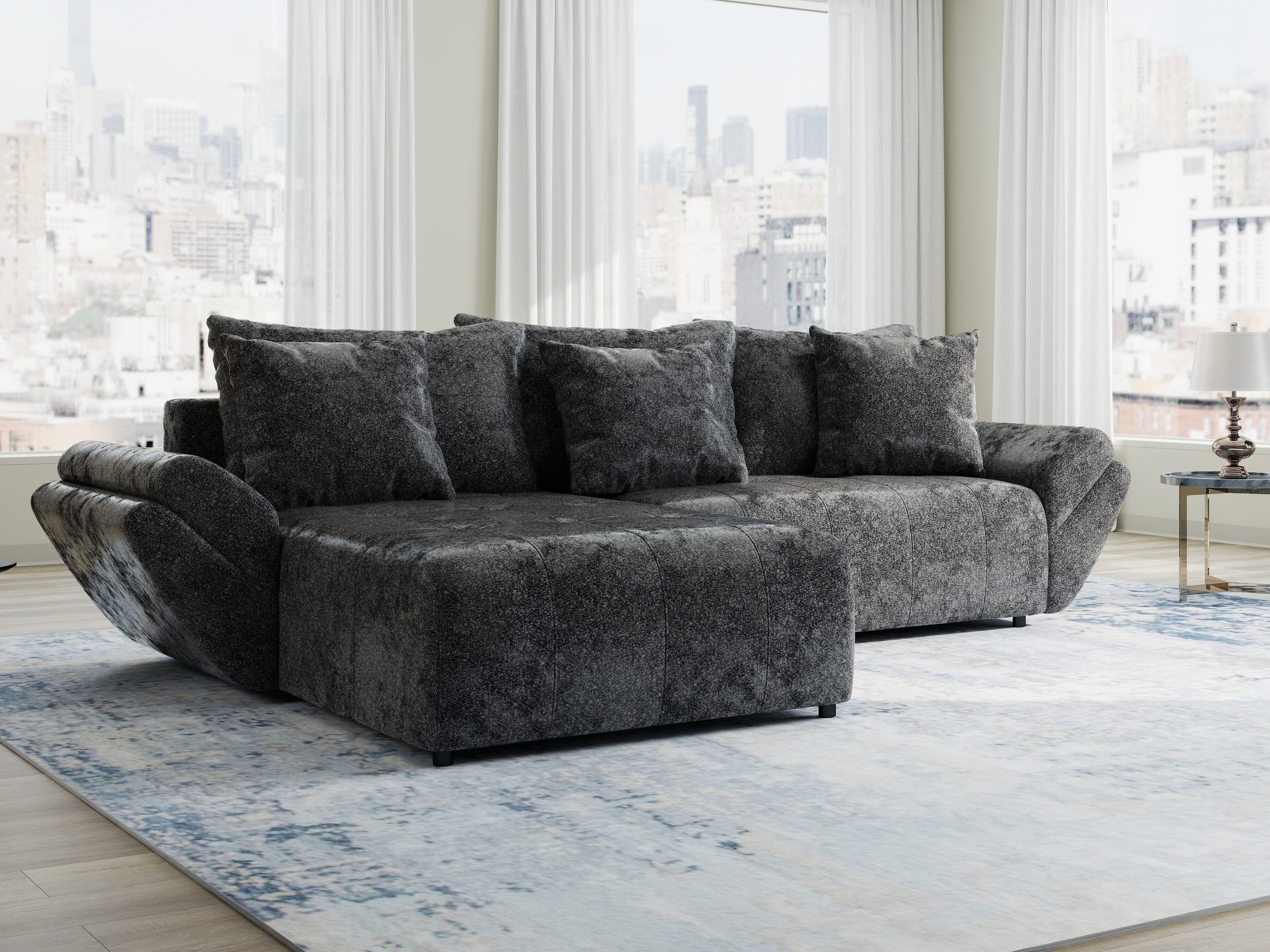 Colțar extensibil dumonde cu ladă de depozitare si sezut confortabil din spuma high-density, Berlin Euphoria Negru 280x185 cm
