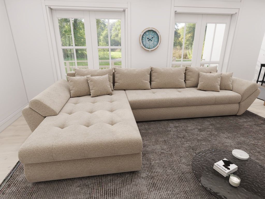 Colțar extensibil dumonde cu ladă de depozitare si sezut confortabil din spuma high-density, Loana XL Quelle Bej 05 335x185 cm