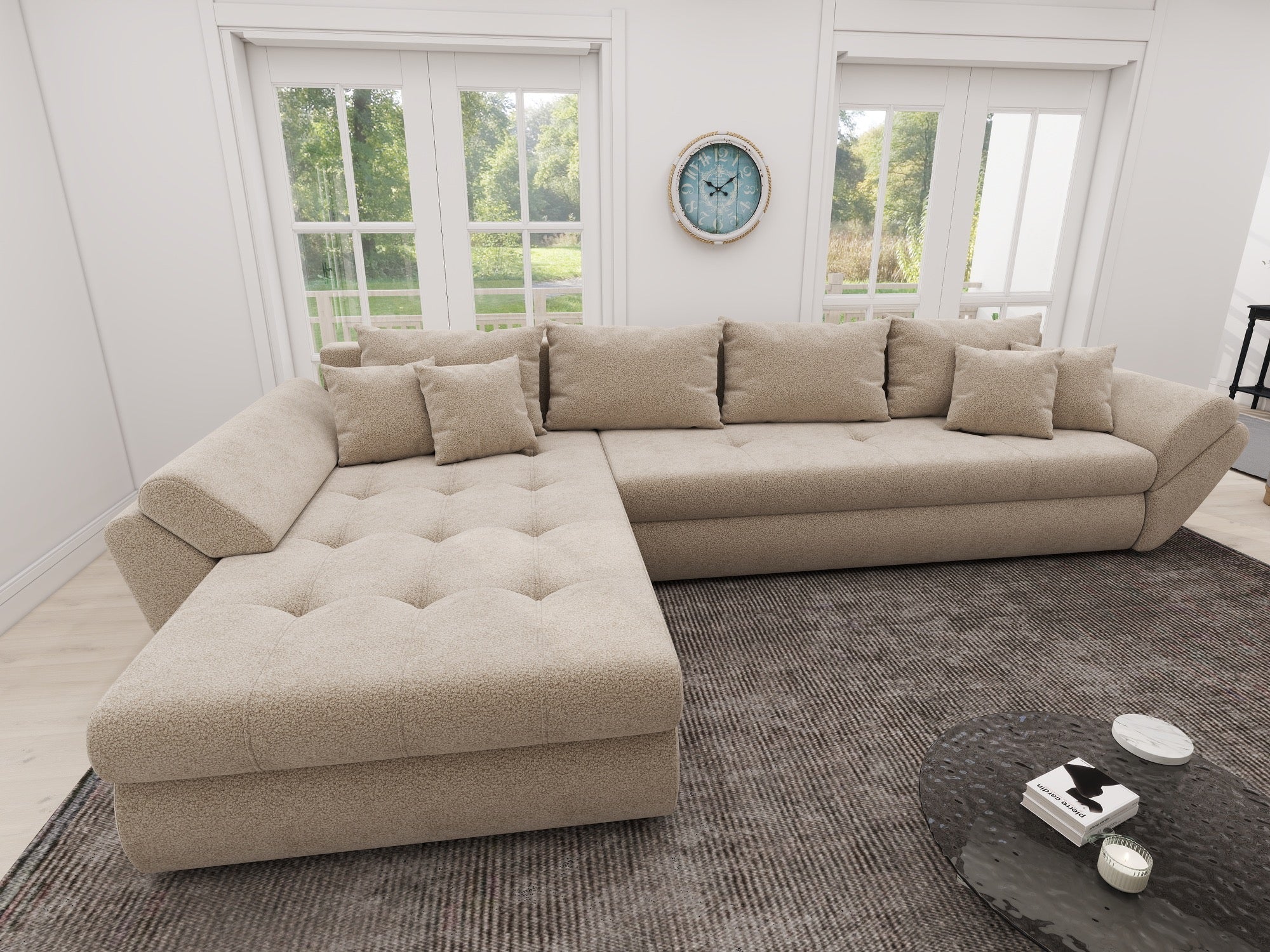 Colțar extensibil dumonde cu ladă de depozitare si sezut confortabil din spuma high-density, Loana XL Quelle Bej 05 335x185 cm