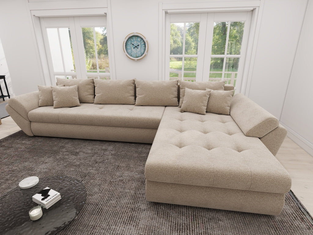 Colțar extensibil dumonde cu ladă de depozitare si sezut confortabil din spuma high-density, Loana XL Quelle Bej 05 II 335x185 cm