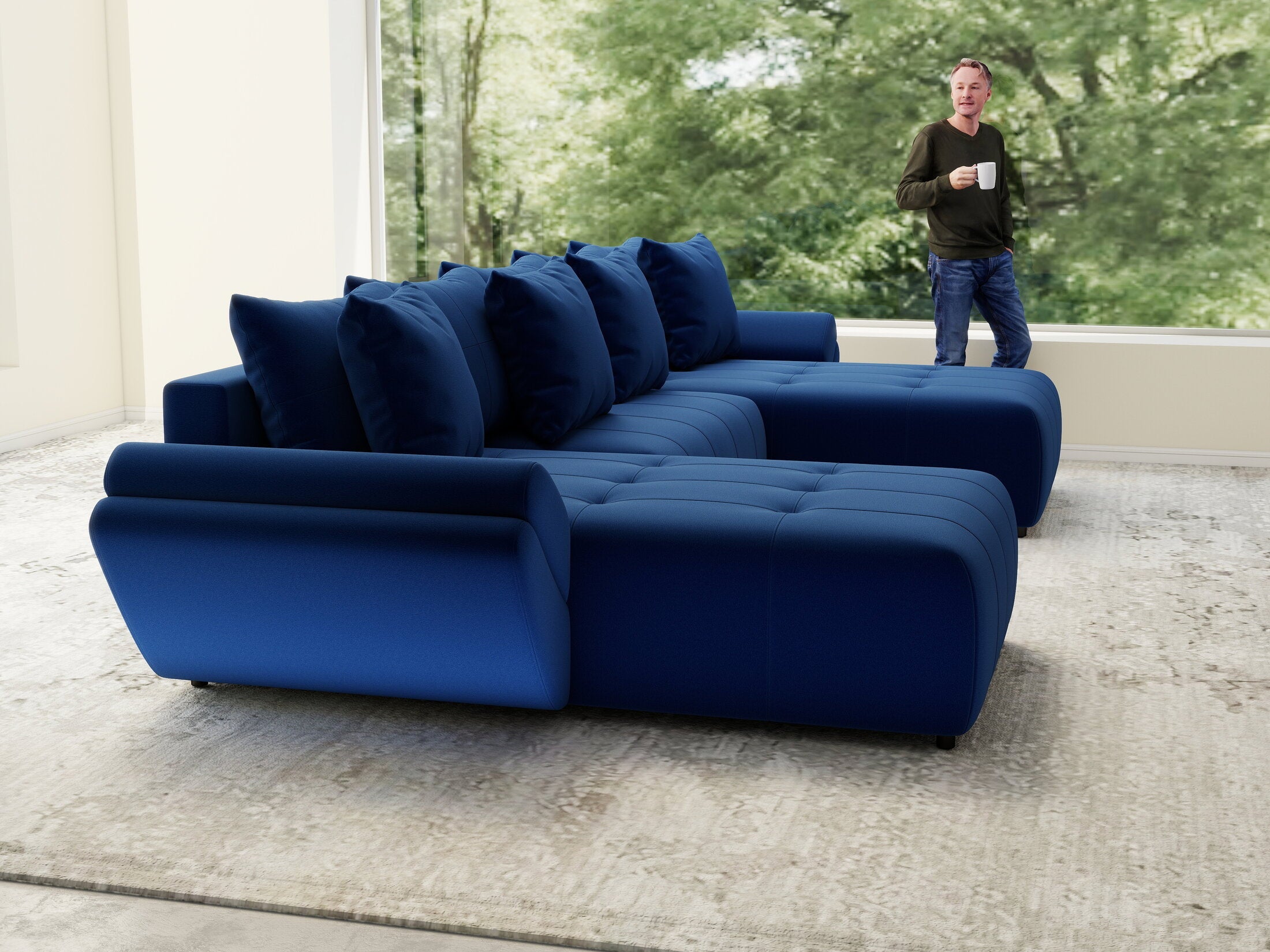 Colțar extensibil dumonde cu ladă de depozitare si sezut confortabil din spuma high-density, Berlin U Royal Blue 380x180 cm