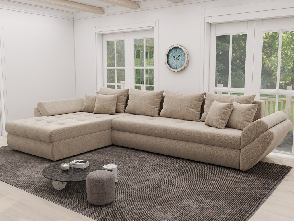 Colțar extensibil dumonde cu ladă de depozitare si sezut confortabil din spuma high-density, Loana XL Quelle Bej 05 335x185 cm