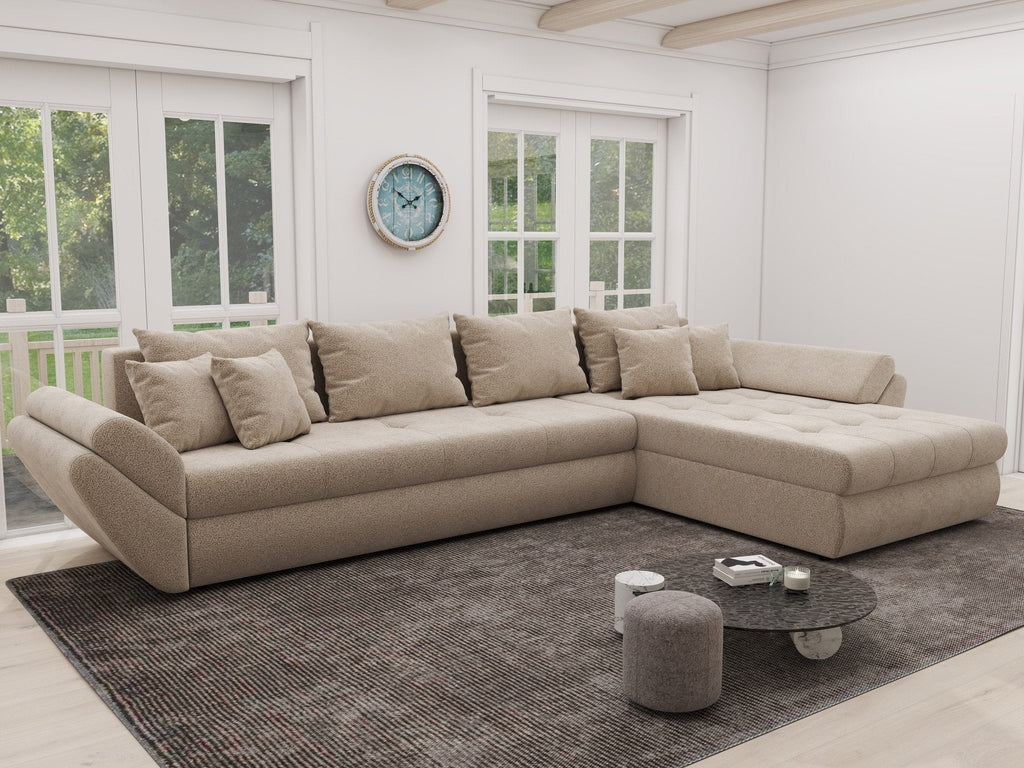Colțar extensibil dumonde cu ladă de depozitare si sezut confortabil din spuma high-density, Loana XL Quelle Bej 05 II 335x185 cm