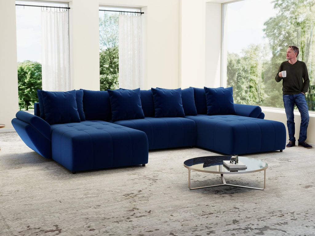Colțar extensibil dumonde cu ladă de depozitare si sezut confortabil din spuma high-density, Berlin U Royal Blue 380x180 cm