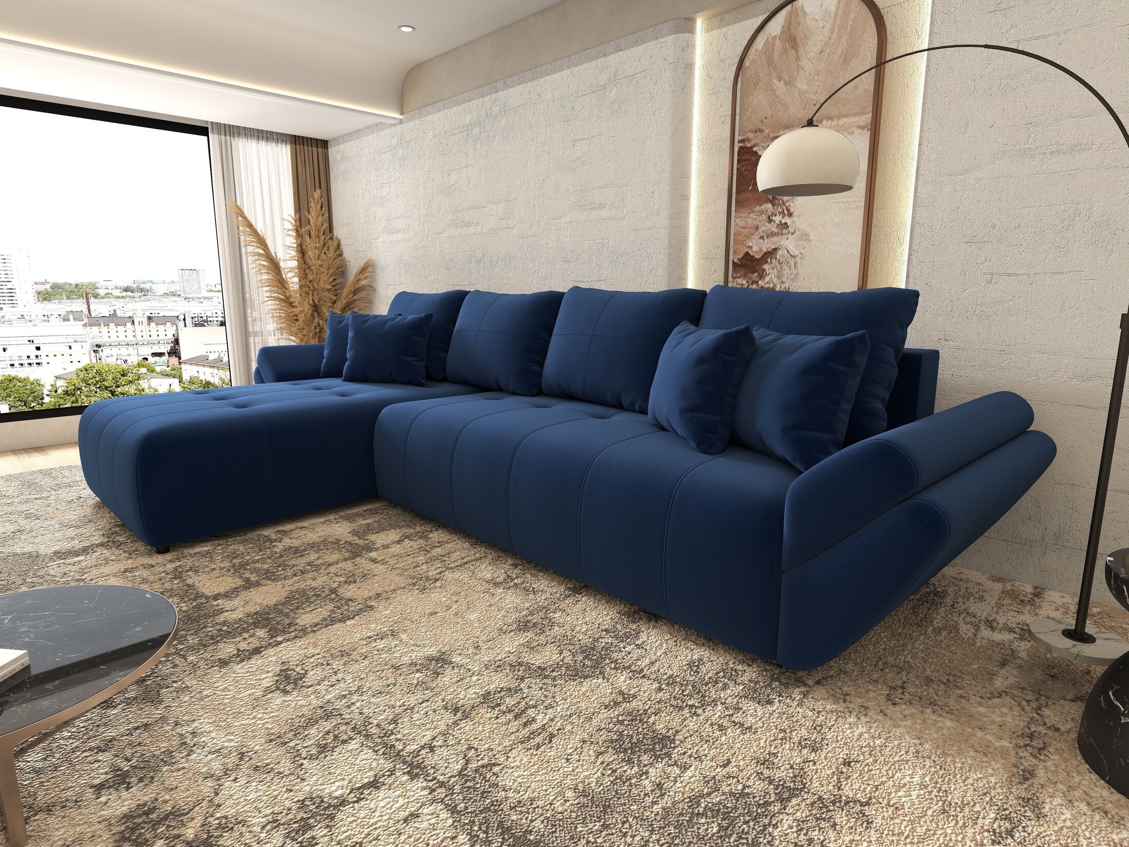 Colțar extensibil dumonde cu ladă de depozitare si sezut confortabil din spuma high-density, Berlin XL Royal Albastru 350x185 cm