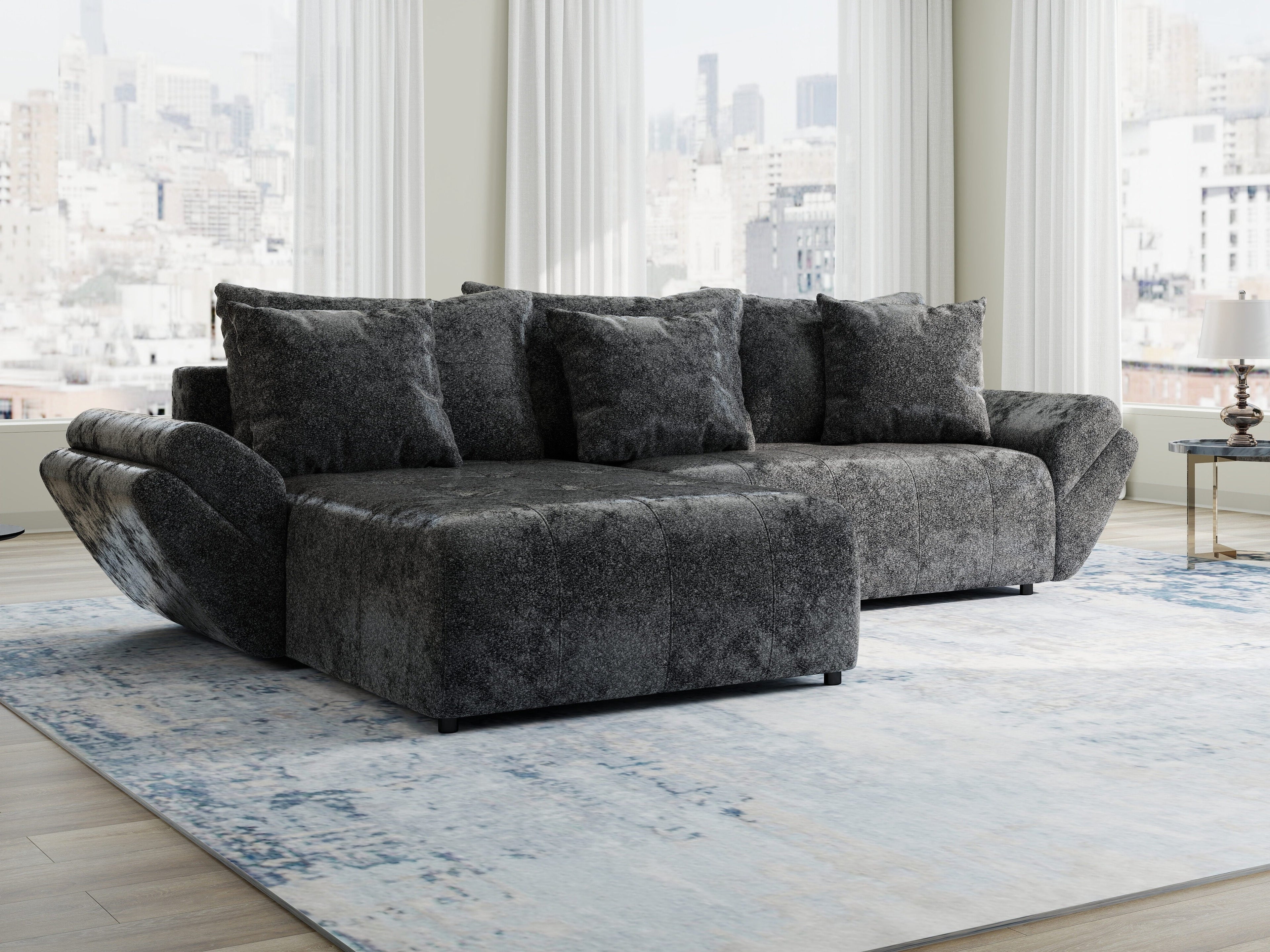 Colțar extensibil dumonde cu ladă de depozitare si sezut confortabil din spuma high-density, Berlin Euphoria Negru 280x185 cm