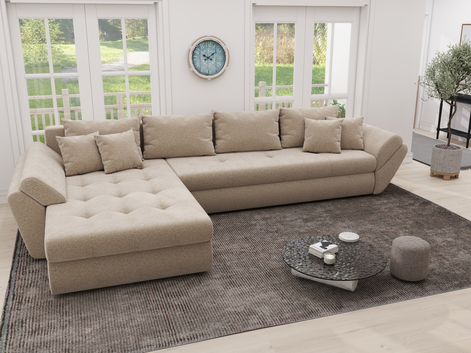 Colțar extensibil dumonde cu ladă de depozitare si sezut confortabil din spuma high-density, Loana XL Quelle Bej 05 335x185 cm
