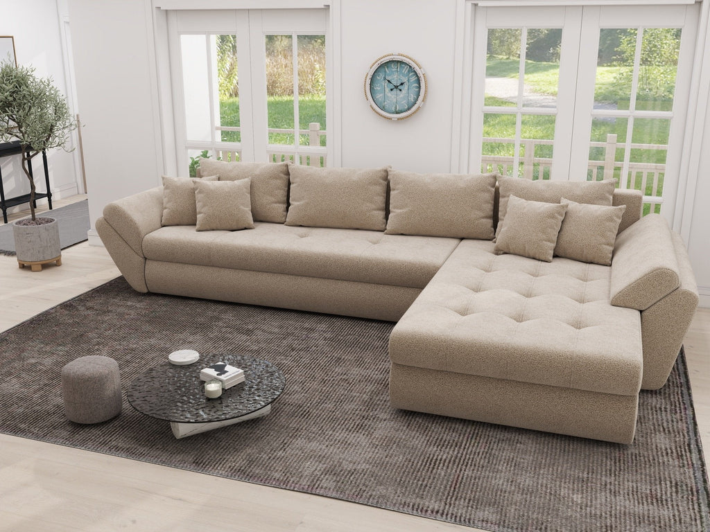 Colțar extensibil dumonde cu ladă de depozitare si sezut confortabil din spuma high-density, Loana XL Quelle Bej 05 II 335x185 cm