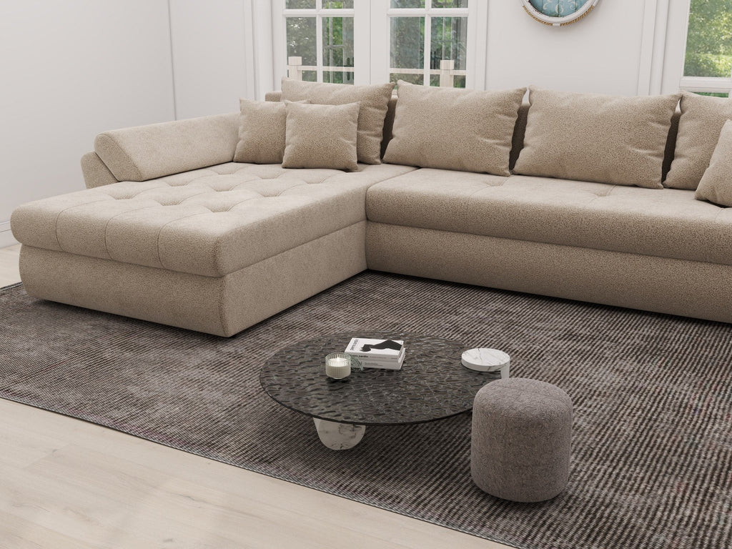 Colțar extensibil dumonde cu ladă de depozitare si sezut confortabil din spuma high-density, Loana XL Quelle Bej 05 335x185 cm