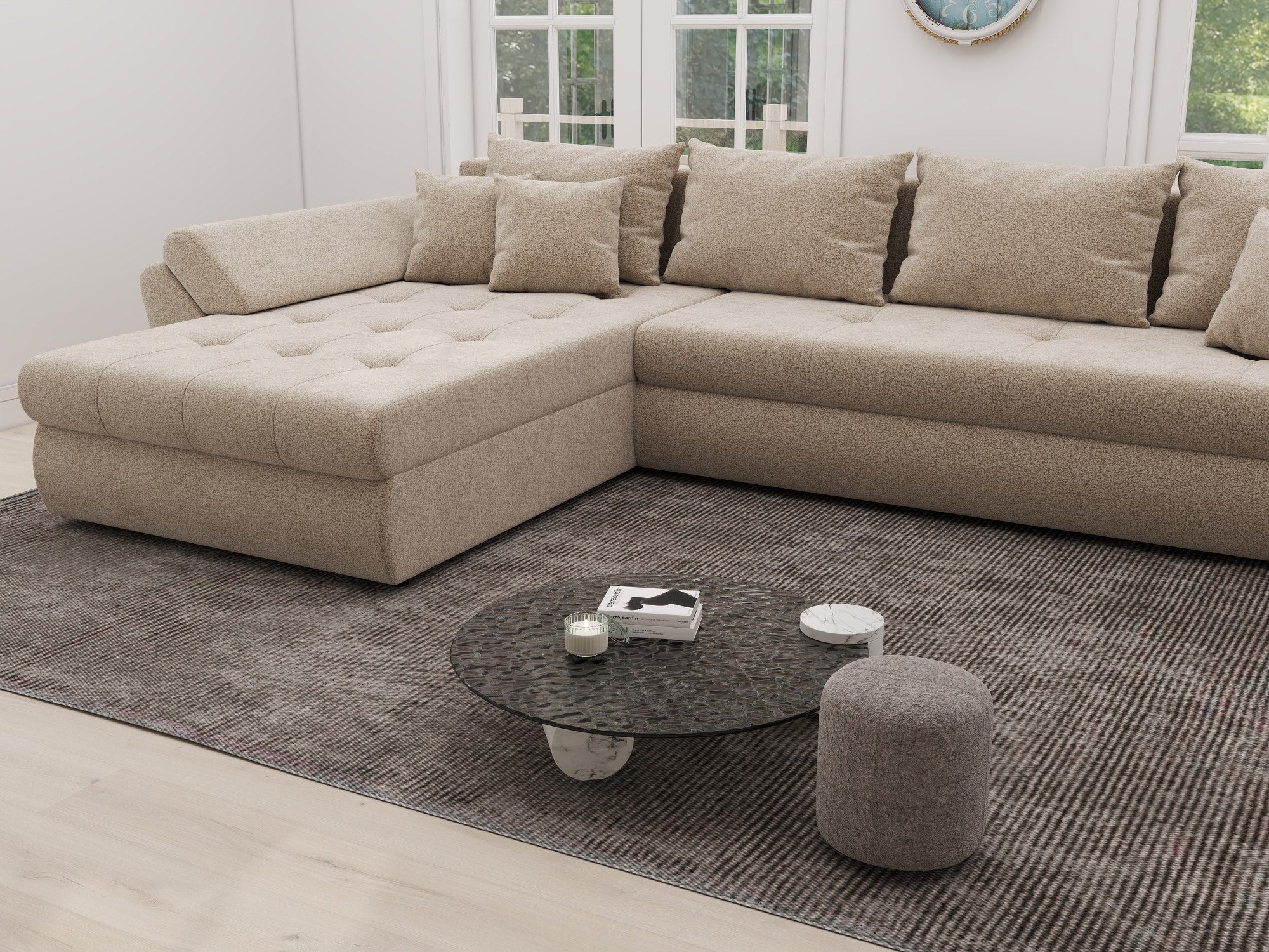 Colțar extensibil dumonde cu ladă de depozitare si sezut confortabil din spuma high-density, Loana XL Quelle Bej 05 335x185 cm