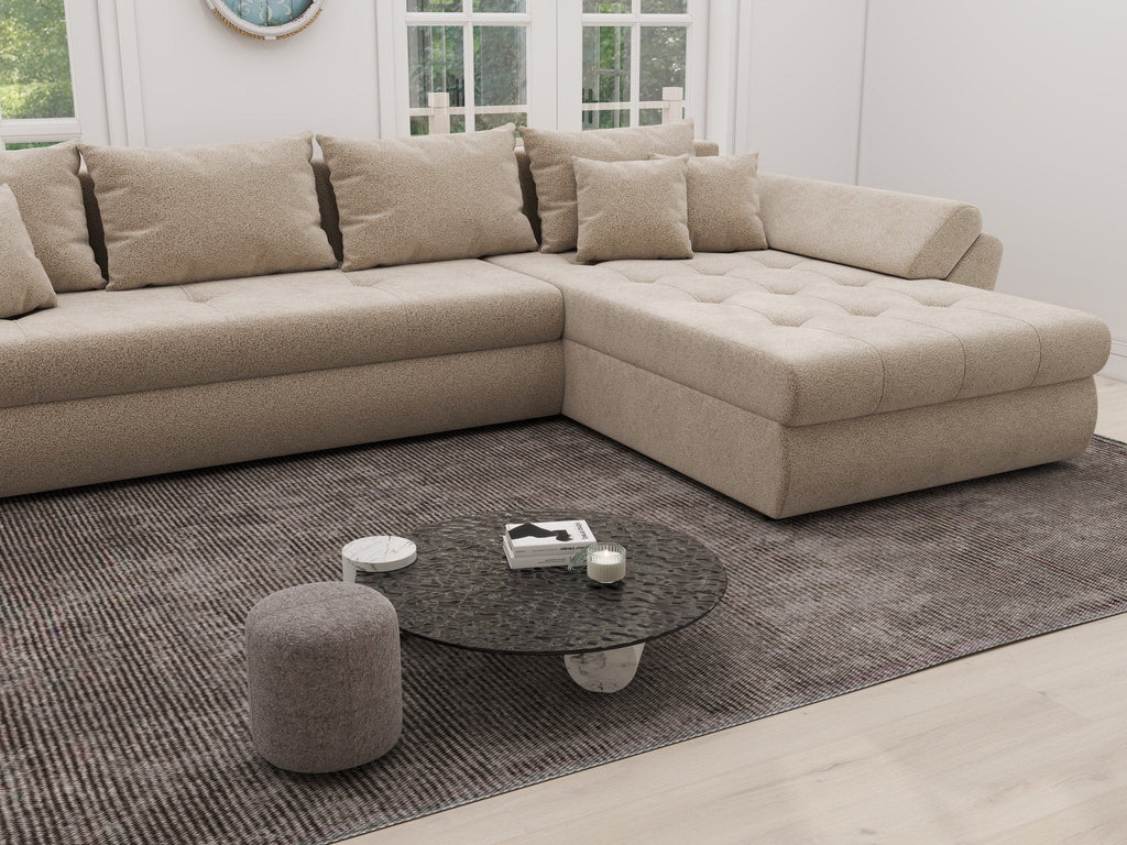 Colțar extensibil dumonde cu ladă de depozitare si sezut confortabil din spuma high-density, Loana XL Quelle Bej 05 II 335x185 cm