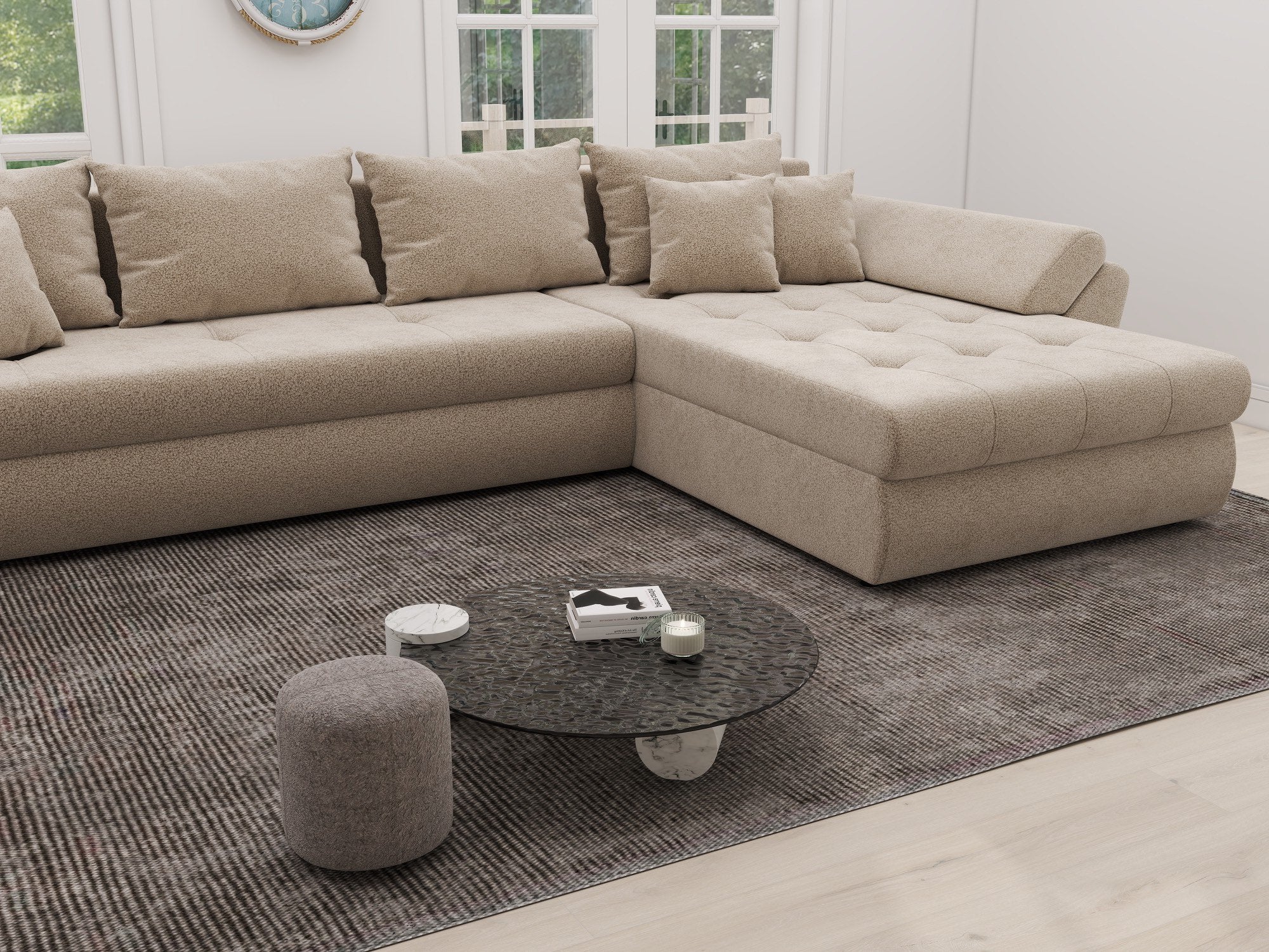 Colțar extensibil dumonde cu ladă de depozitare si sezut confortabil din spuma high-density, Loana XL Quelle Bej 05 II 335x185 cm