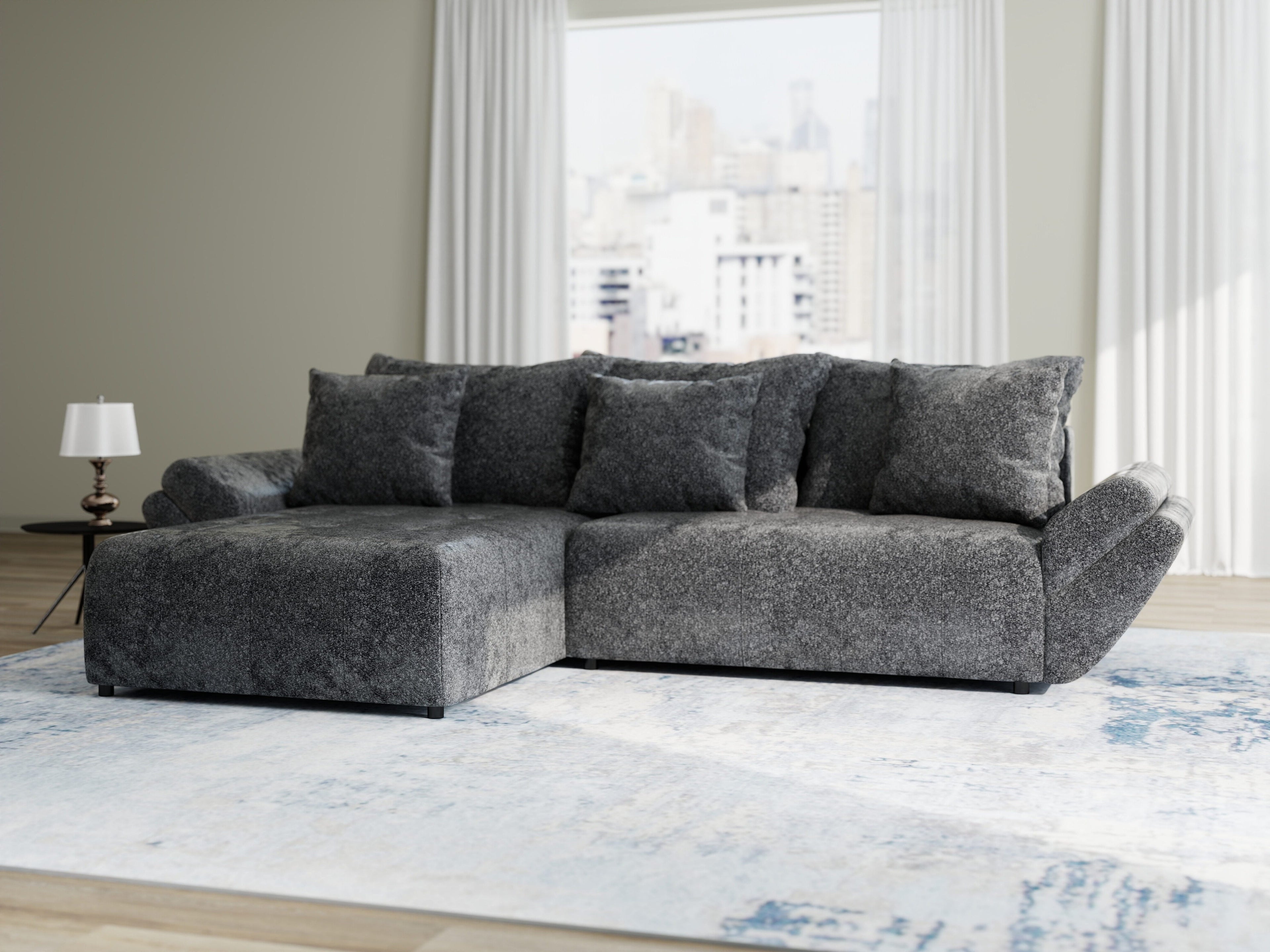 Colțar extensibil dumonde cu ladă de depozitare si sezut confortabil din spuma high-density, Berlin Euphoria Negru 280x185 cm