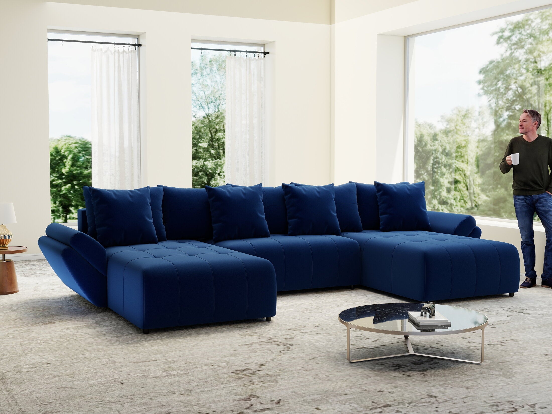 Colțar extensibil dumonde cu ladă de depozitare si sezut confortabil din spuma high-density, Berlin U Royal Blue 380x180 cm