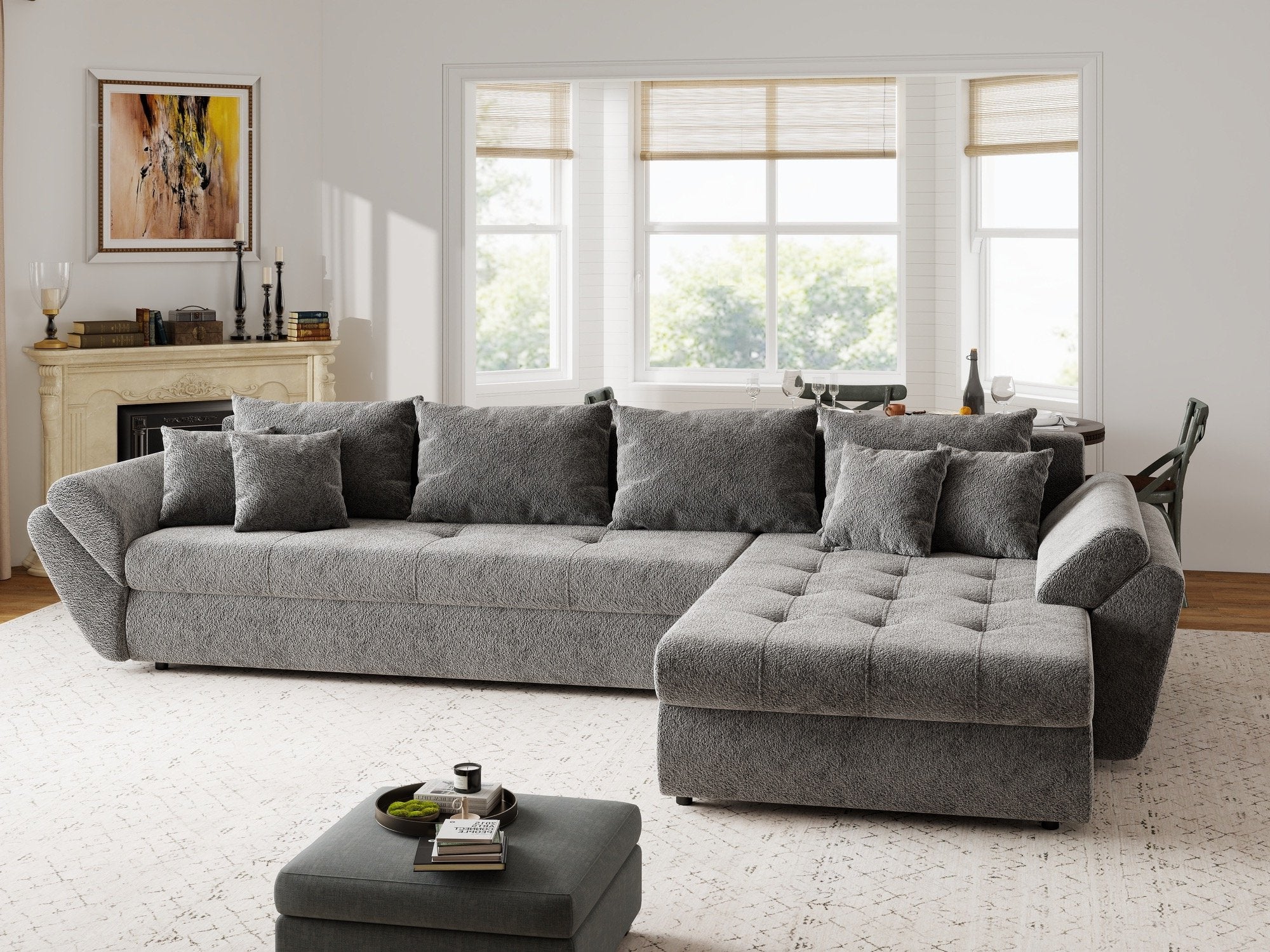 Colțar extensibil dumonde cu ladă de depozitare si sezut confortabil din spuma high-density, Loana XL Arena Gri Grafit II 335x185 cm