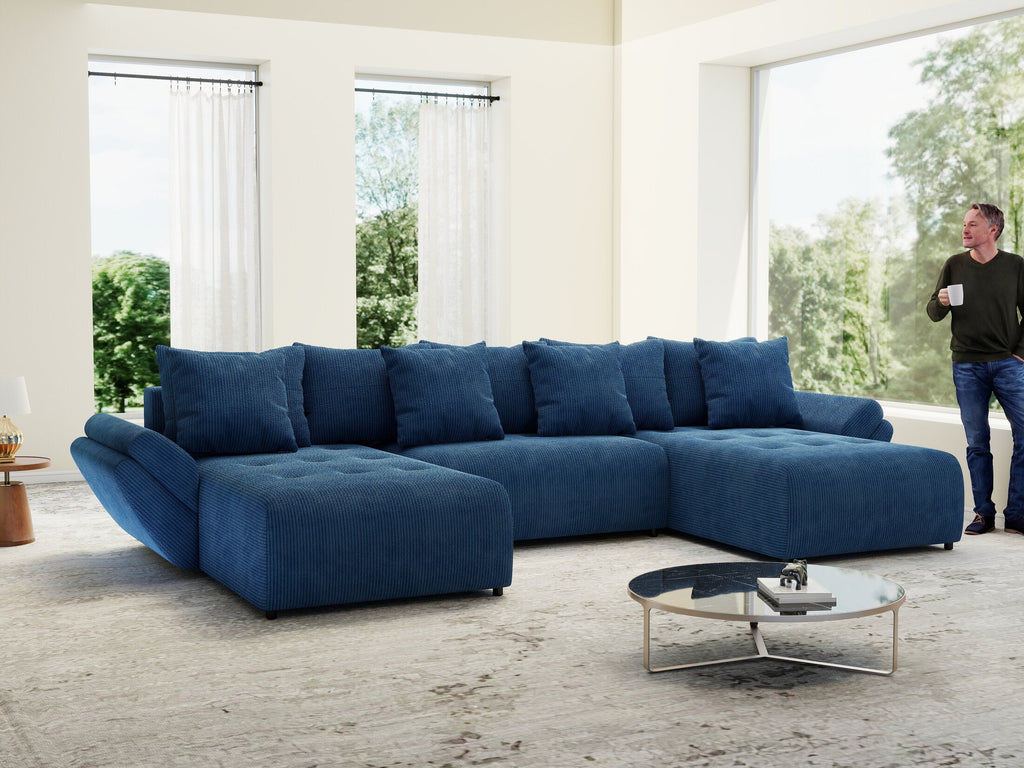 Colțar extensibil dumonde cu ladă de depozitare si sezut confortabil din spuma high-density, Berlin U Zoom Blue 380x180 cm