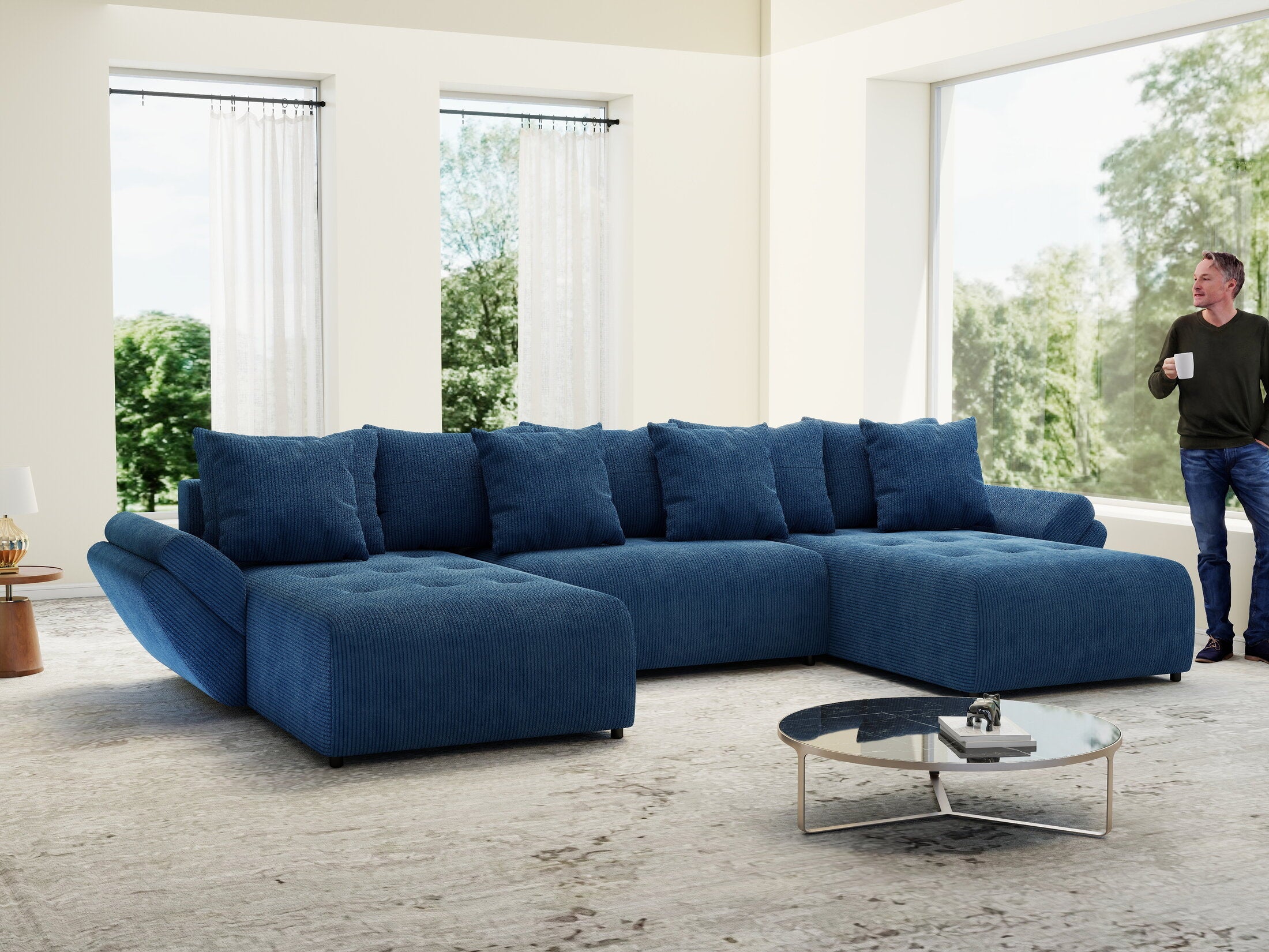 Colțar extensibil dumonde cu ladă de depozitare si sezut confortabil din spuma high-density, Berlin U Zoom Blue 380x180 cm