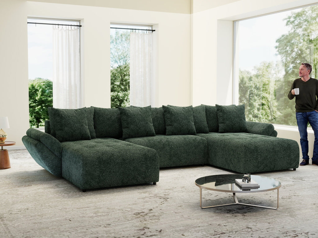 Colțar extensibil dumonde cu ladă de depozitare si sezut confortabil din spuma high-density, Berlin U Euphoria Verde 380x180 cm