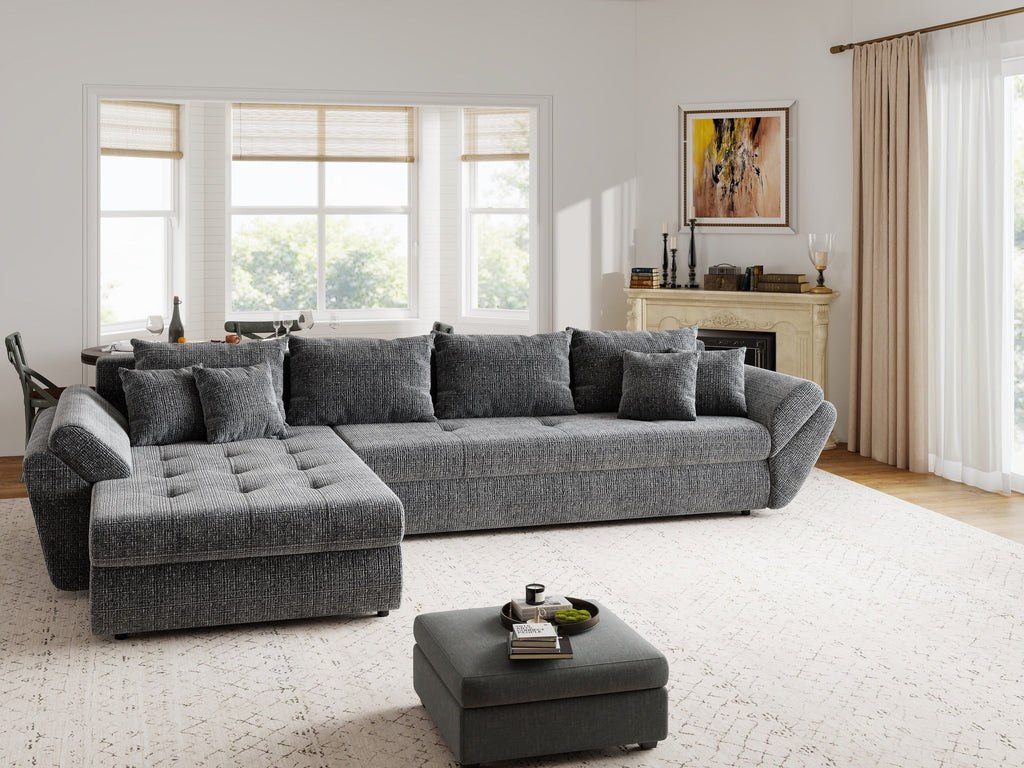 Colțar extensibil dumonde cu ladă de depozitare si sezut confortabil din spuma high-density, Loana XL Cremona Gri 335x185 cm
